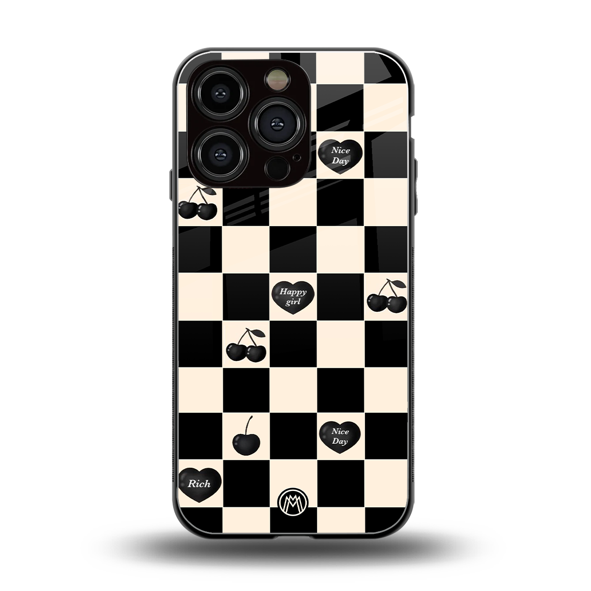 black cherries check pattern back phone cover | glass case for iphone 16 pro