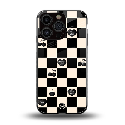 black cherries check pattern back phone cover | glass case for iphone 16 pro