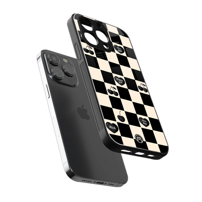 black cherries check pattern back phone cover | glass case for iphone 16 pro