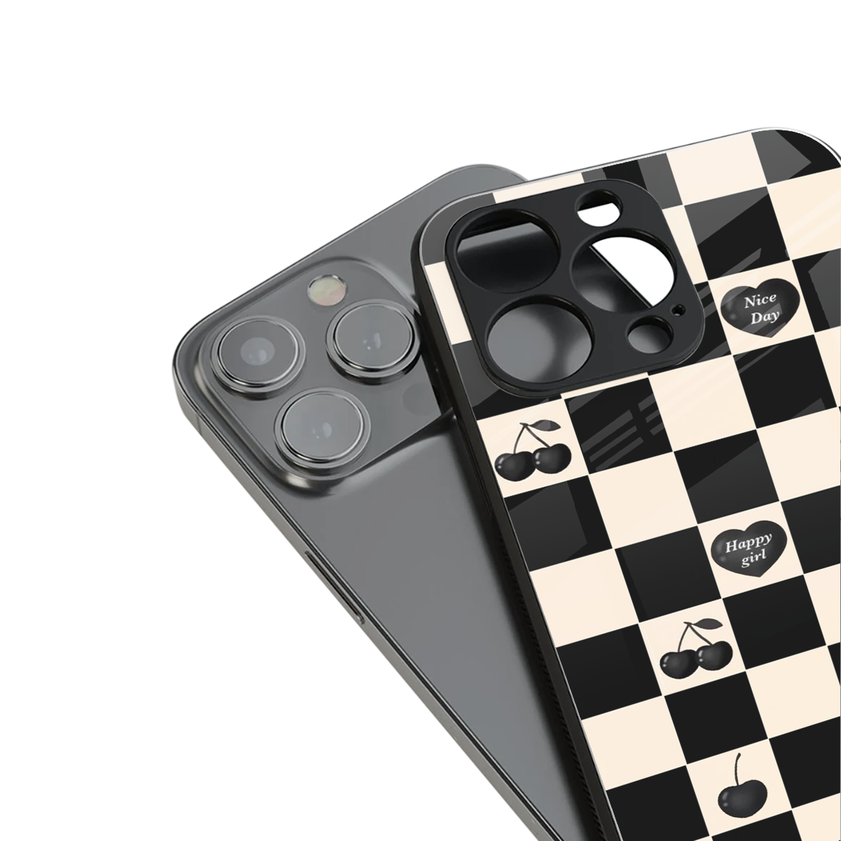 black cherries check pattern back phone cover | glass case for iphone 15 plus