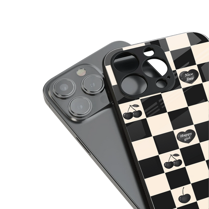 black cherries check pattern back phone cover | glass case for iphone 16 pro max
