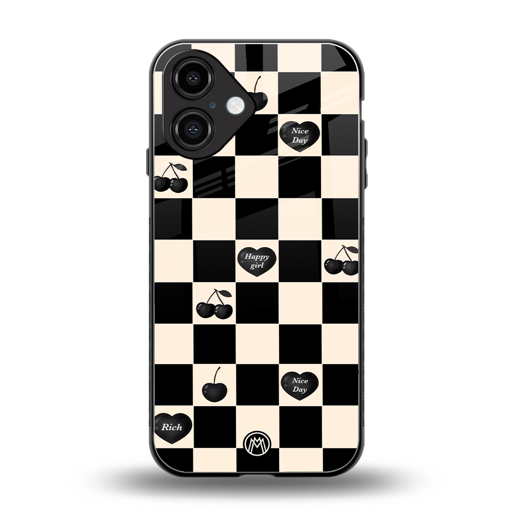 black cherries check pattern back phone cover | glass case for iphone 16