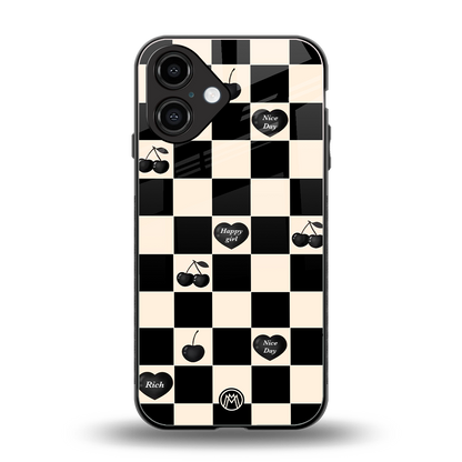 black cherries check pattern back phone cover | glass case for iphone 16