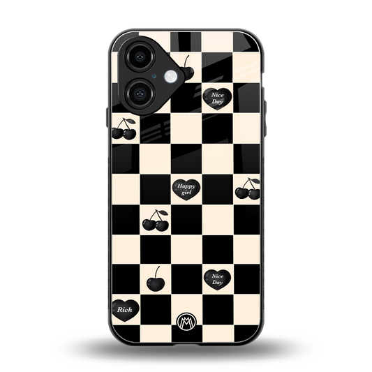 black cherries check pattern back phone cover | glass case for iphone 16