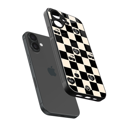 black cherries check pattern back phone cover | glass case for iphone 16
