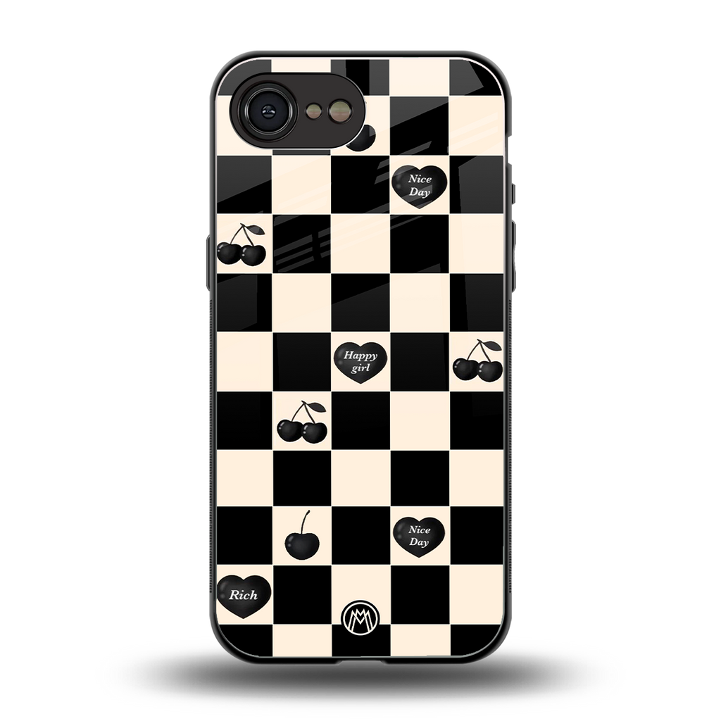 black cherries check pattern back phone cover | glass case for iphone 16e