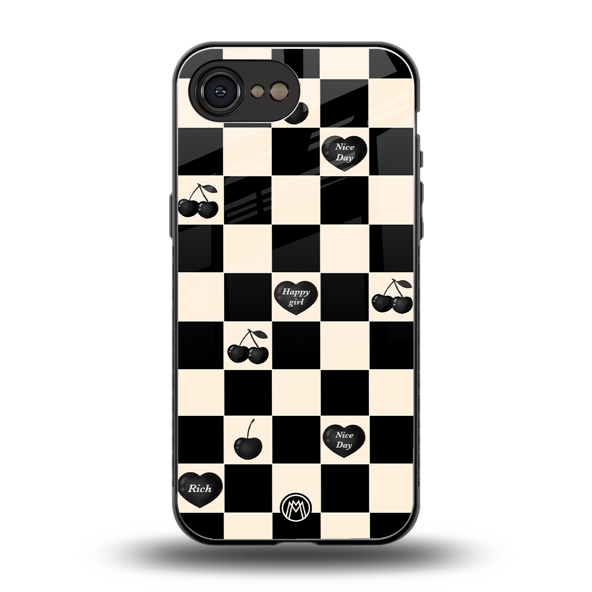 black cherries check pattern back phone cover | glass case for iphone 16e