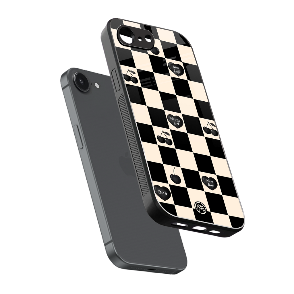 black cherries check pattern back phone cover | glass case for iphone 16e