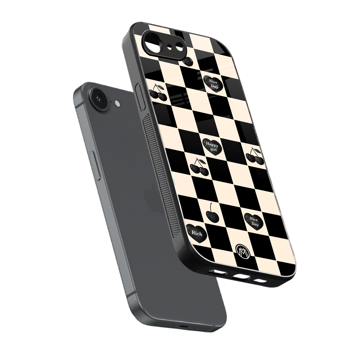 black cherries check pattern back phone cover | glass case for iphone 16e
