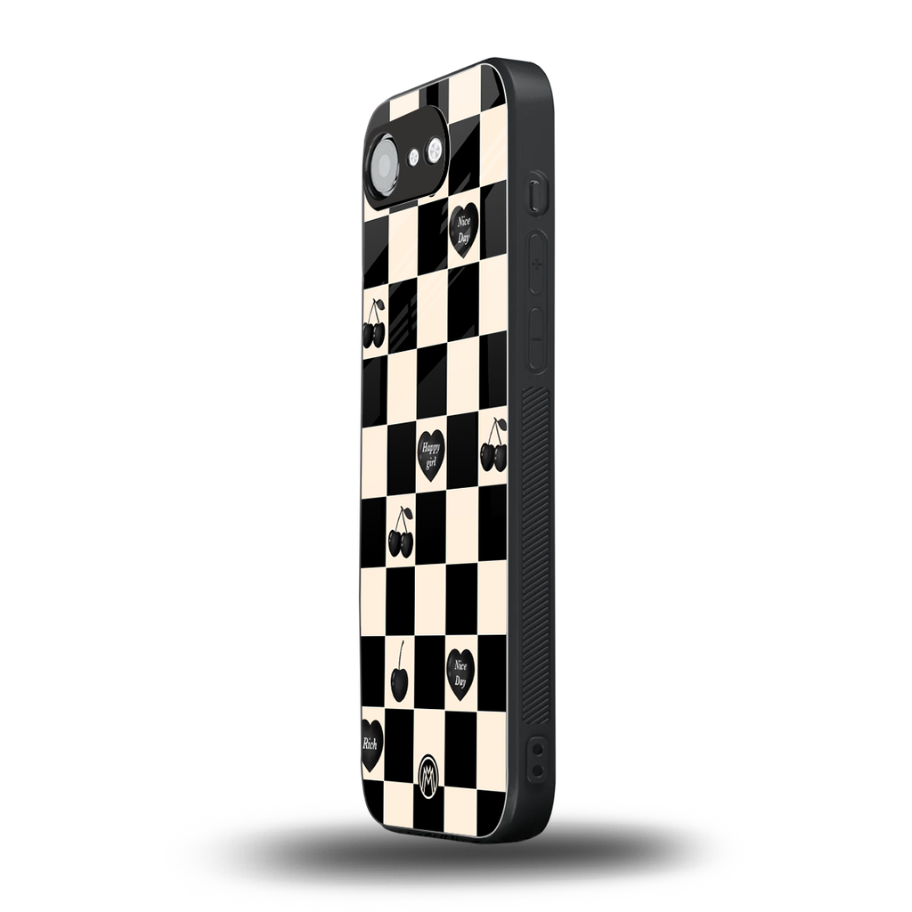 black cherries check pattern back phone cover | glass case for iphone 16e