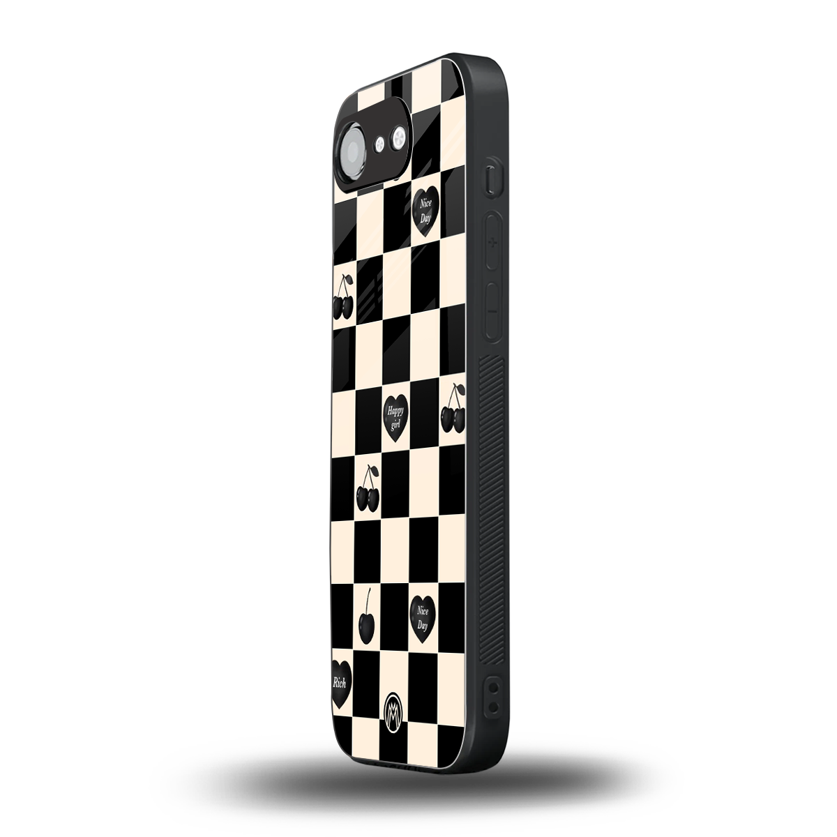 black cherries check pattern back phone cover | glass case for iphone 16e