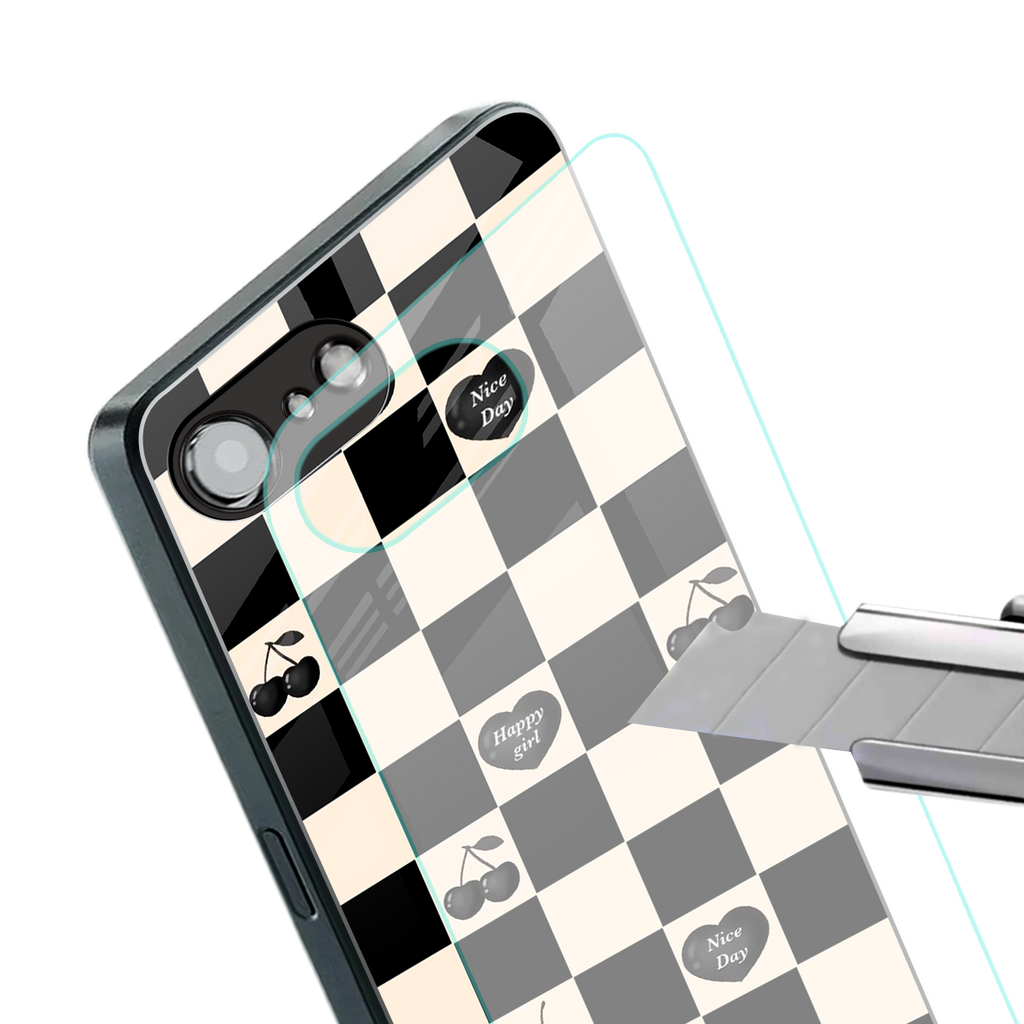 black cherries check pattern back phone cover | glass case for iphone 16e