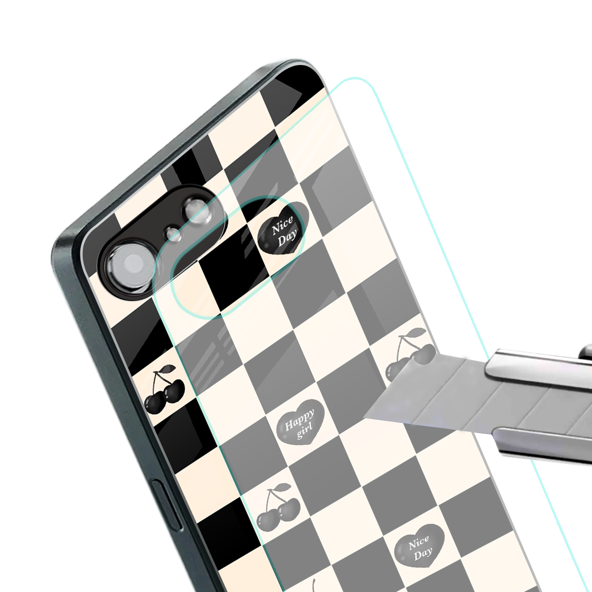 black cherries check pattern back phone cover | glass case for iphone 16e