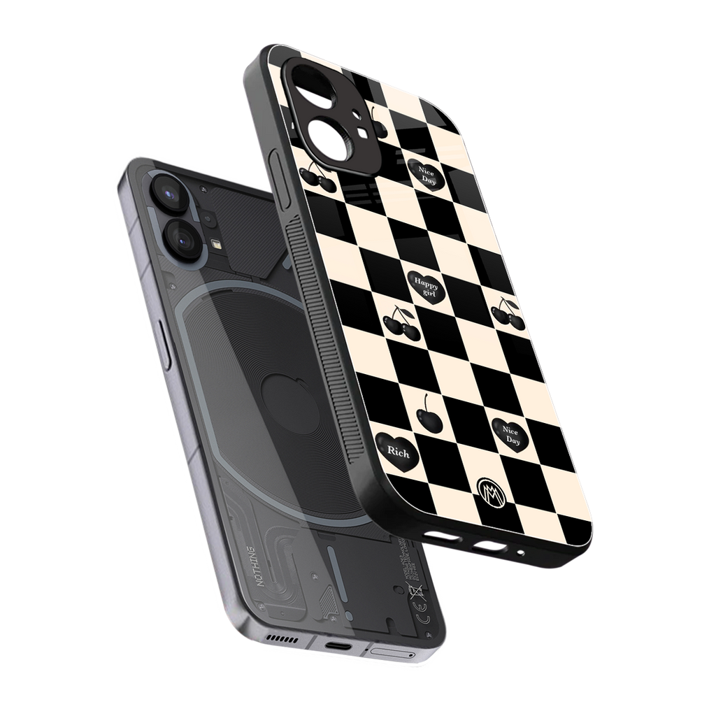 black cherries check pattern back phone cover | glass case for nothing phone 1