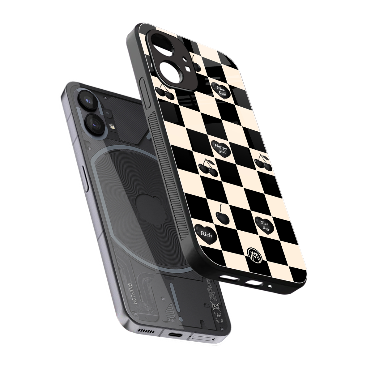 black cherries check pattern back phone cover | glass case for nothing phone 1