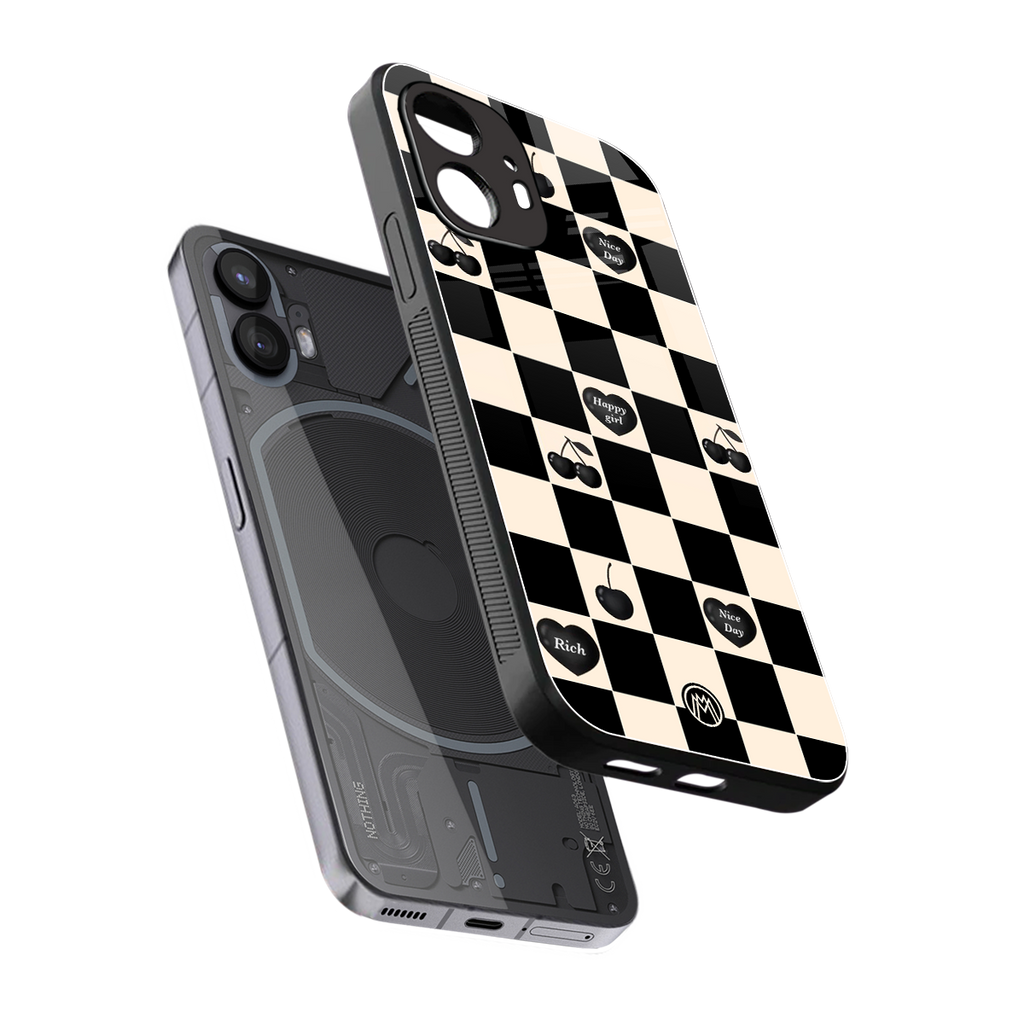 black cherries check pattern back phone cover | glass case for nothing phone 2
