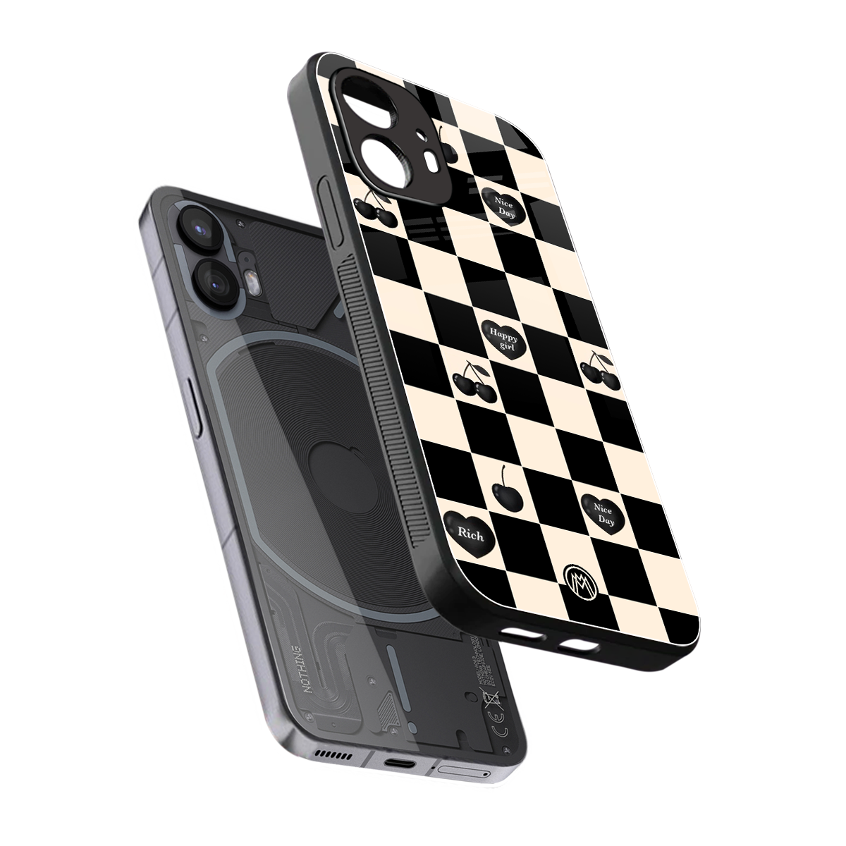 black cherries check pattern back phone cover | glass case for nothing phone 2