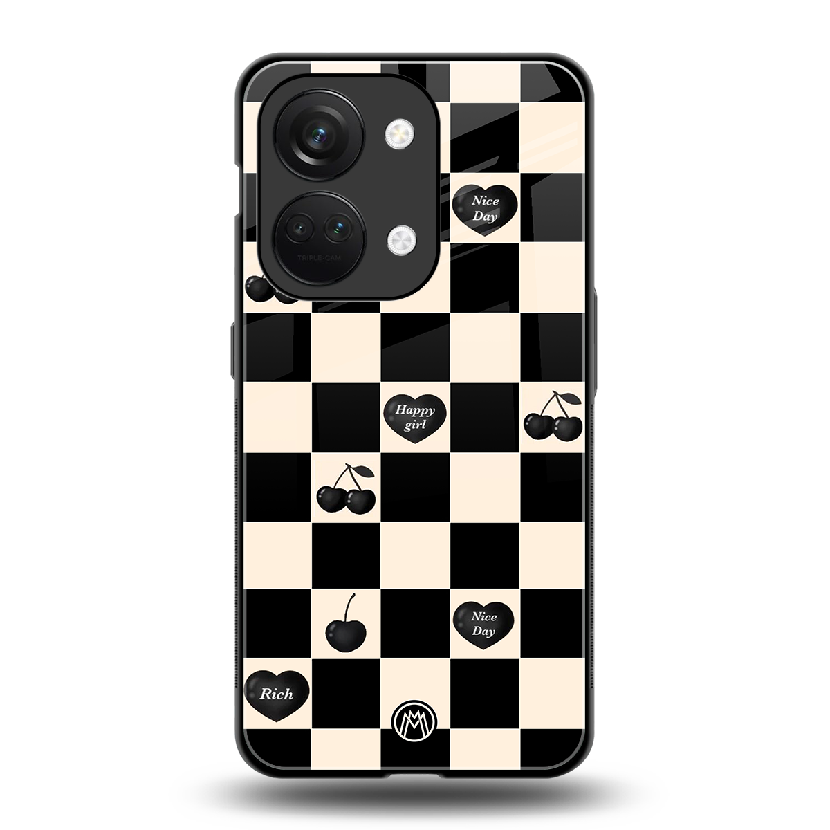 black cherries check pattern back phone cover | glass case for oneplus nord 3