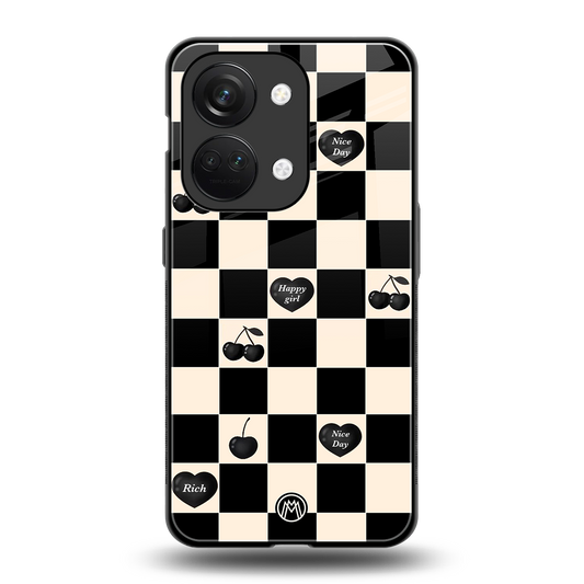 black cherries check pattern back phone cover | glass case for oneplus nord 3