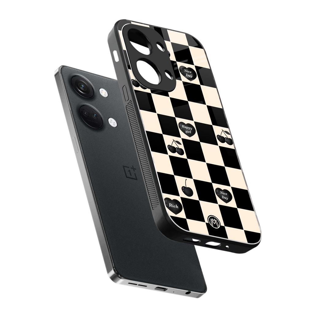 black cherries check pattern back phone cover | glass case for oneplus nord 3