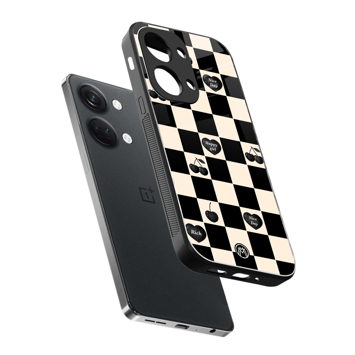 black cherries check pattern back phone cover | glass case for oneplus nord 3