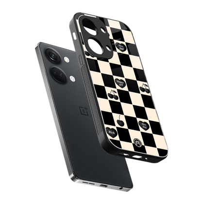 black cherries check pattern back phone cover | glass case for oneplus nord 3