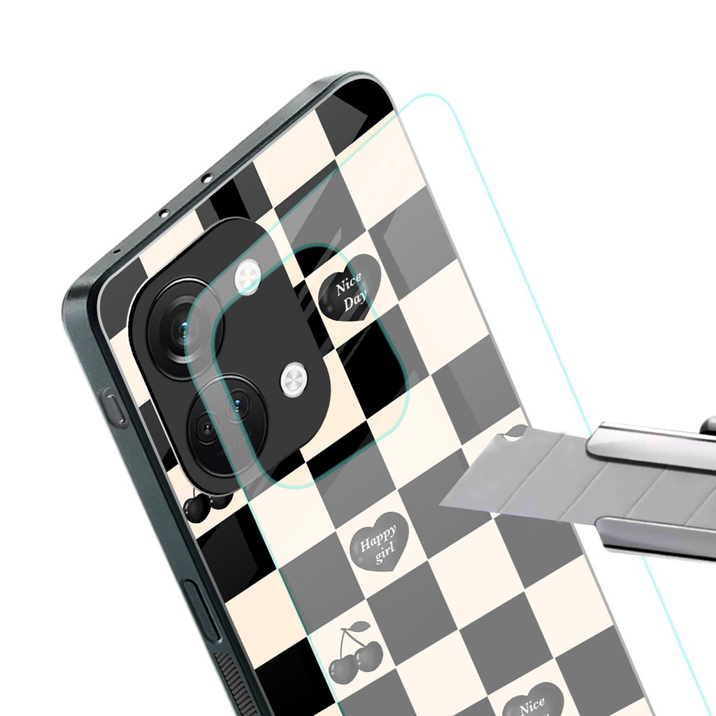 black cherries check pattern back phone cover | glass case for oneplus nord 3