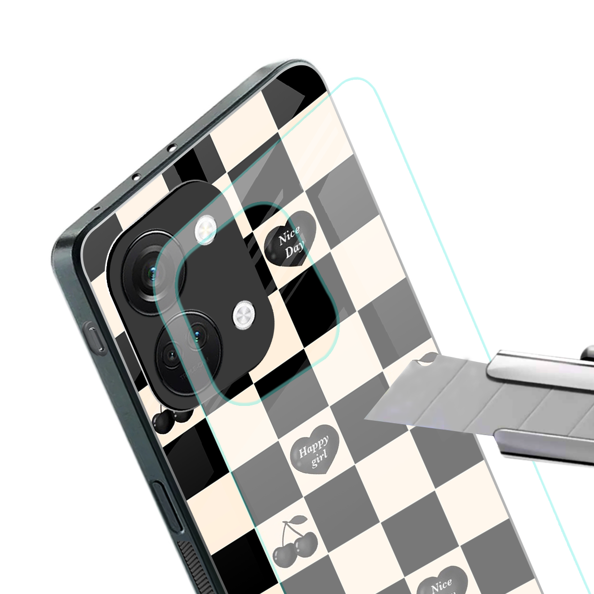 black cherries check pattern back phone cover | glass case for oneplus nord 3