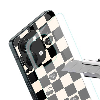black cherries check pattern back phone cover | glass case for oneplus nord 3