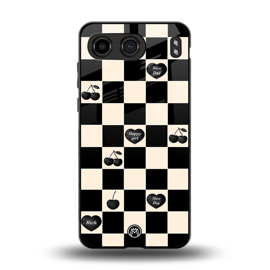 black cherries check pattern back phone cover | glass case for oneplus nord 4