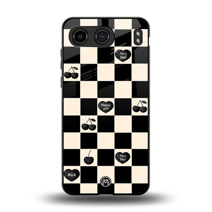 black cherries check pattern back phone cover | glass case for oneplus nord 4
