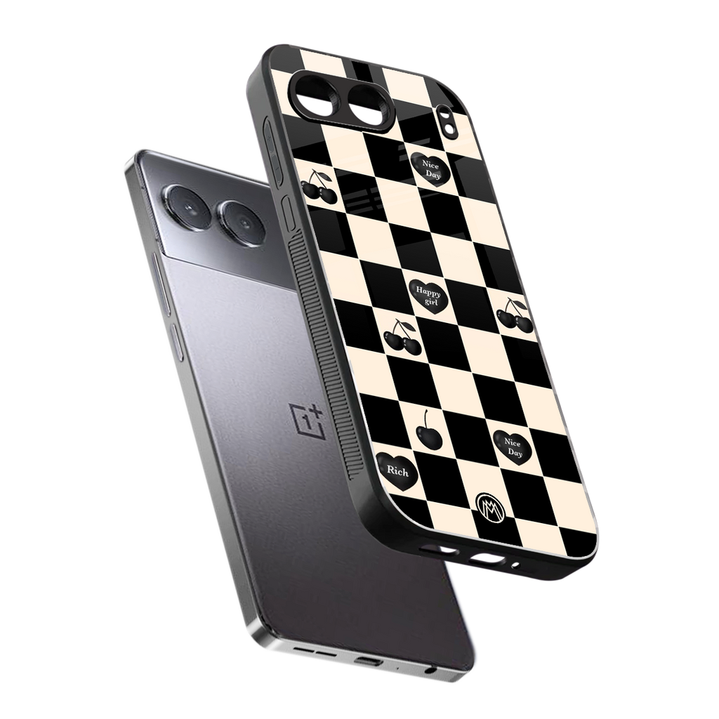 black cherries check pattern back phone cover | glass case for oneplus nord 4