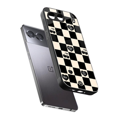black cherries check pattern back phone cover | glass case for oneplus nord 4