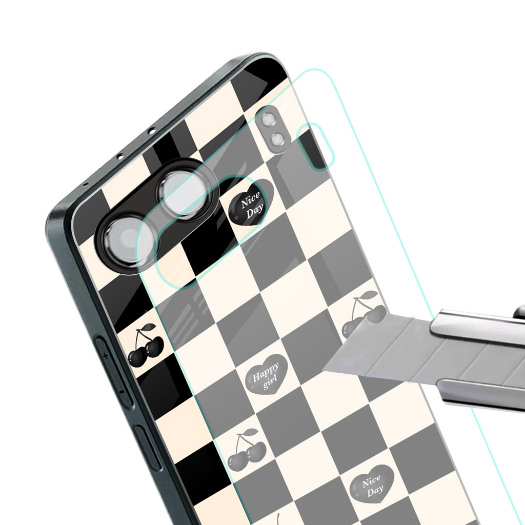 black cherries check pattern back phone cover | glass case for oneplus nord 4