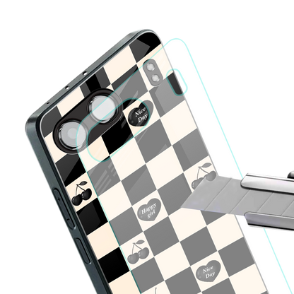 black cherries check pattern back phone cover | glass case for oneplus nord 4