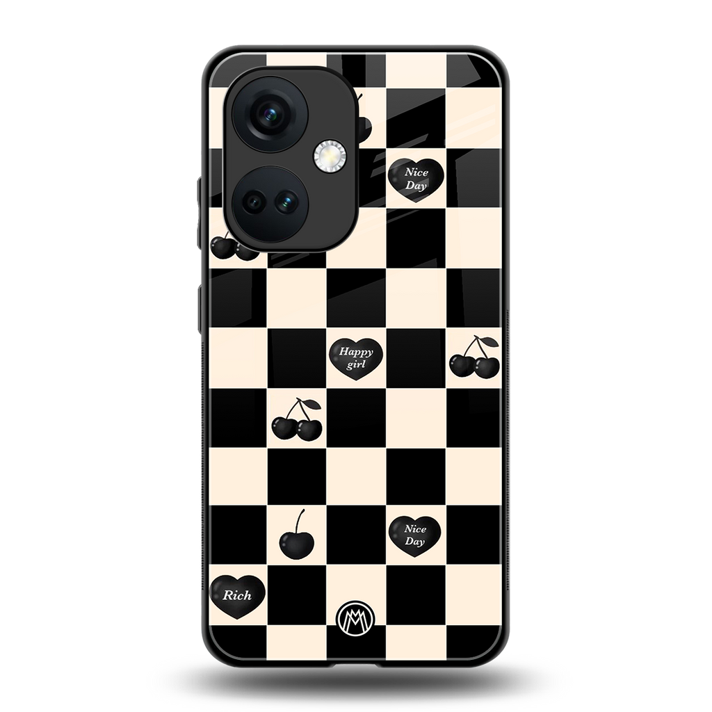 black cherries check pattern back phone cover | glass case for oneplus nord ce 3
