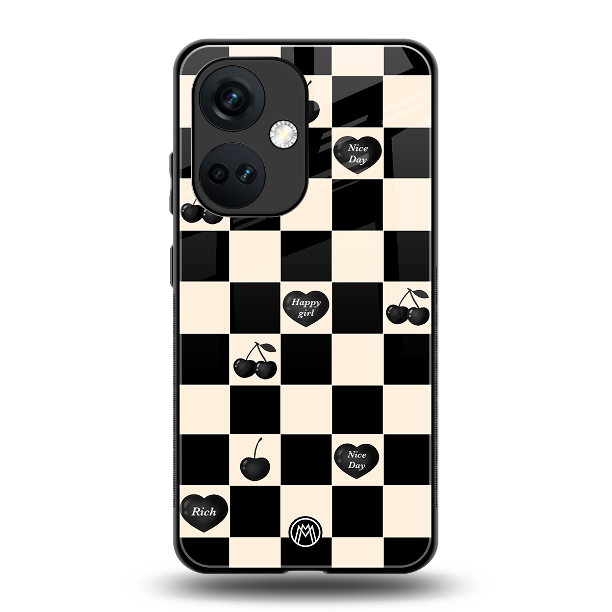 black cherries check pattern back phone cover | glass case for oneplus nord ce 3