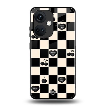 black cherries check pattern back phone cover | glass case for oneplus nord ce 3