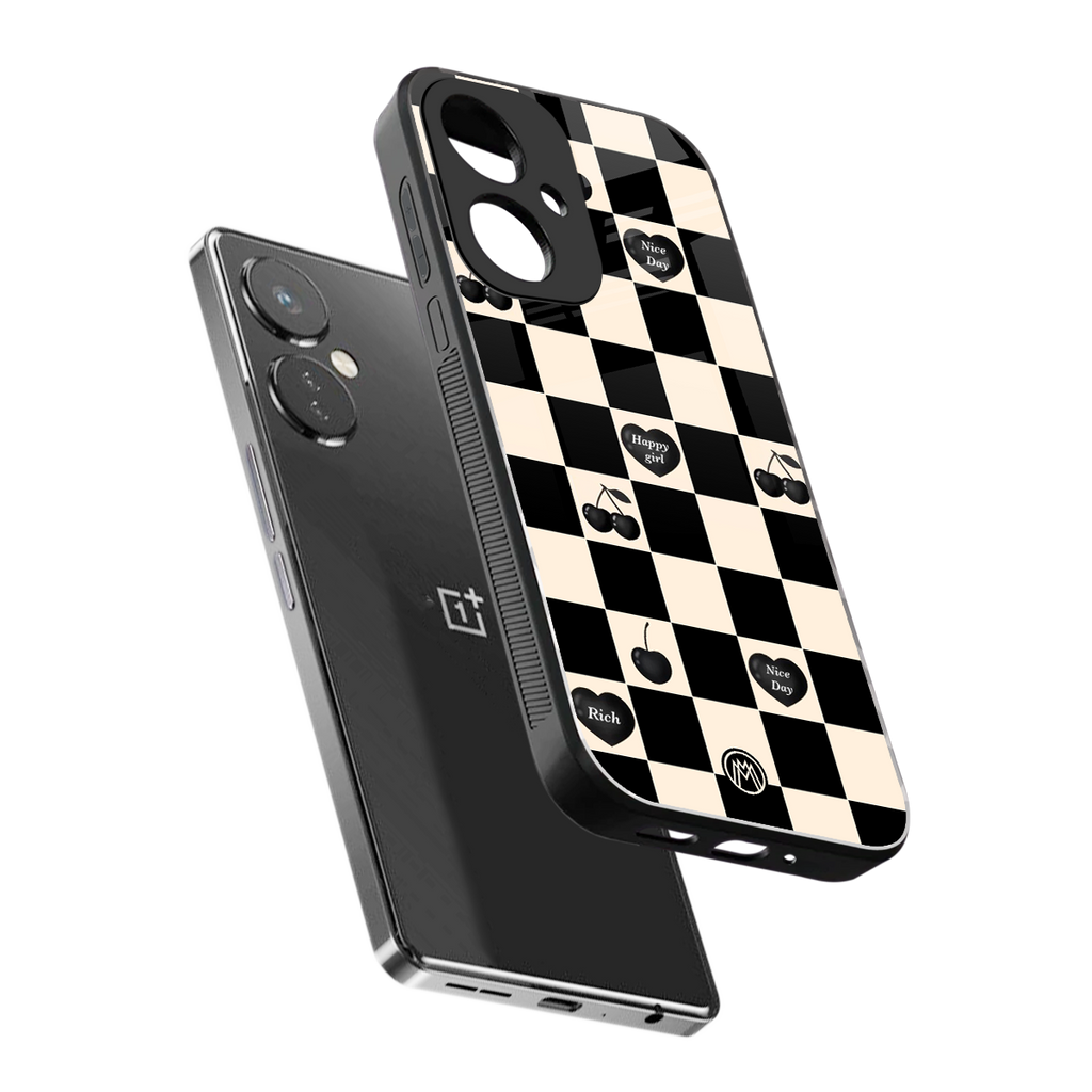 black cherries check pattern back phone cover | glass case for oneplus nord ce 3