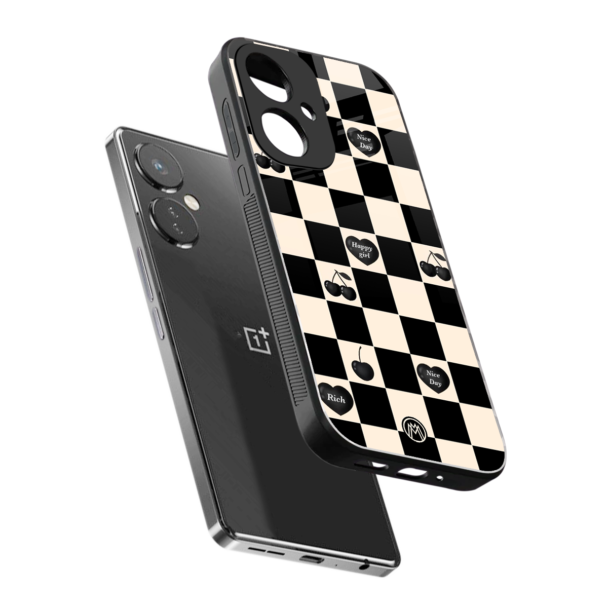black cherries check pattern back phone cover | glass case for oneplus nord ce 3