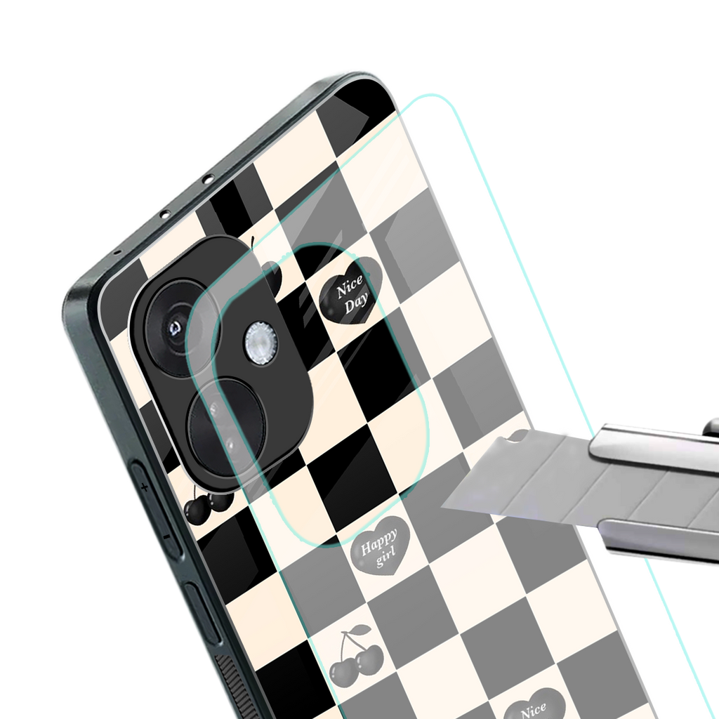 black cherries check pattern back phone cover | glass case for oneplus nord ce 3
