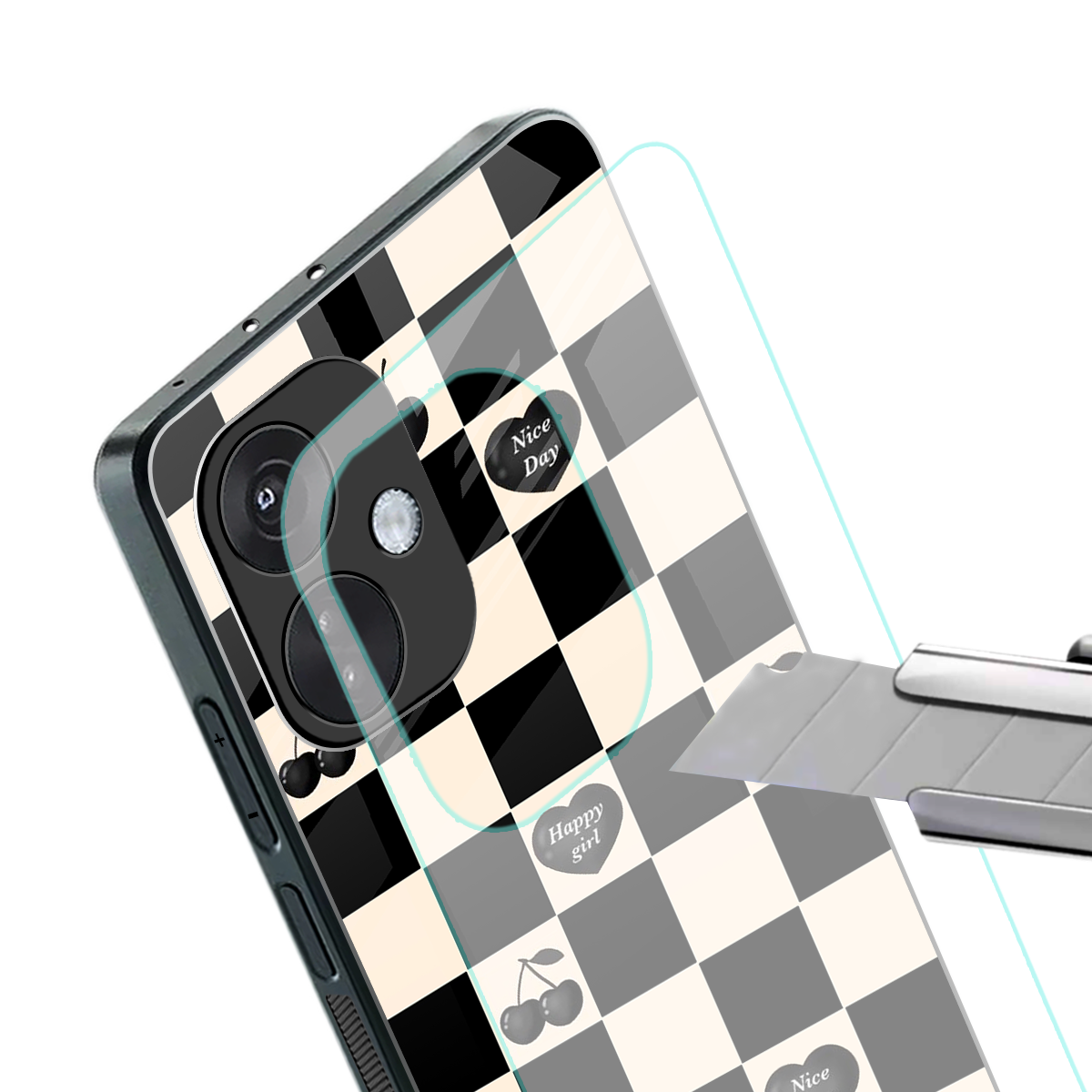 black cherries check pattern back phone cover | glass case for oneplus nord ce 3