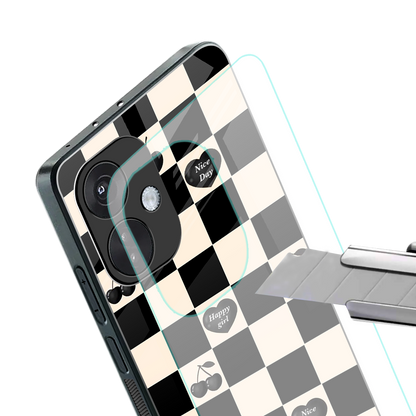 black cherries check pattern back phone cover | glass case for oneplus nord ce 3