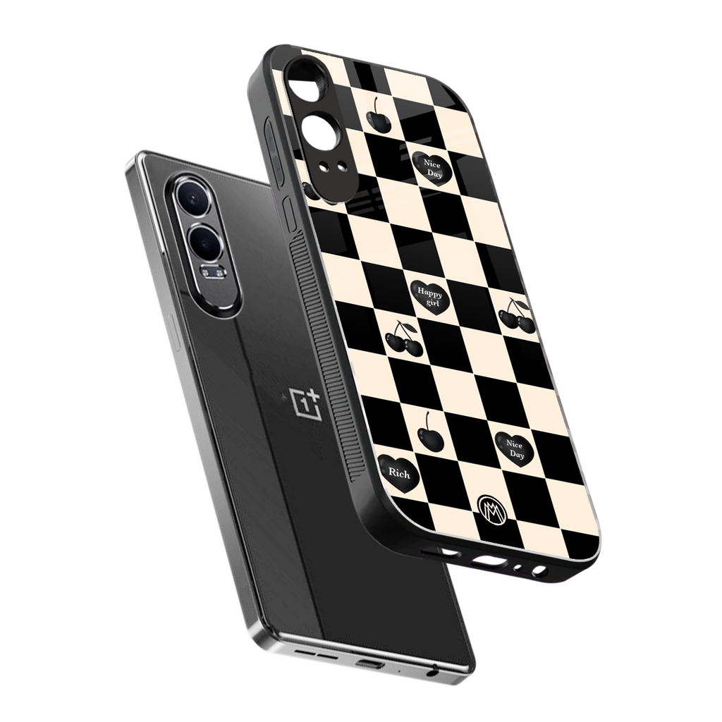 black cherries check pattern back phone cover | glass case for oneplus nord ce 4 lite