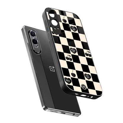black cherries check pattern back phone cover | glass case for oneplus nord ce 4 lite