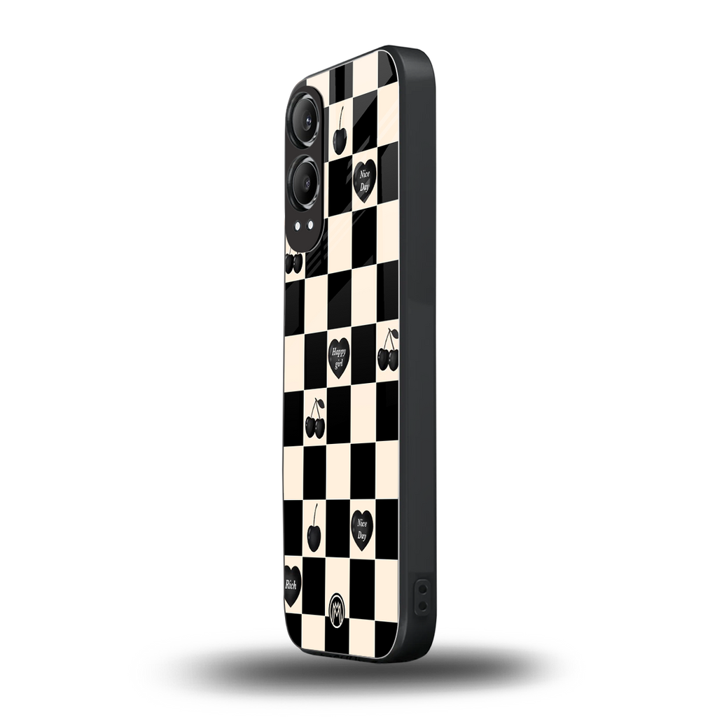 black cherries check pattern back phone cover | glass case for oneplus nord ce 4 lite