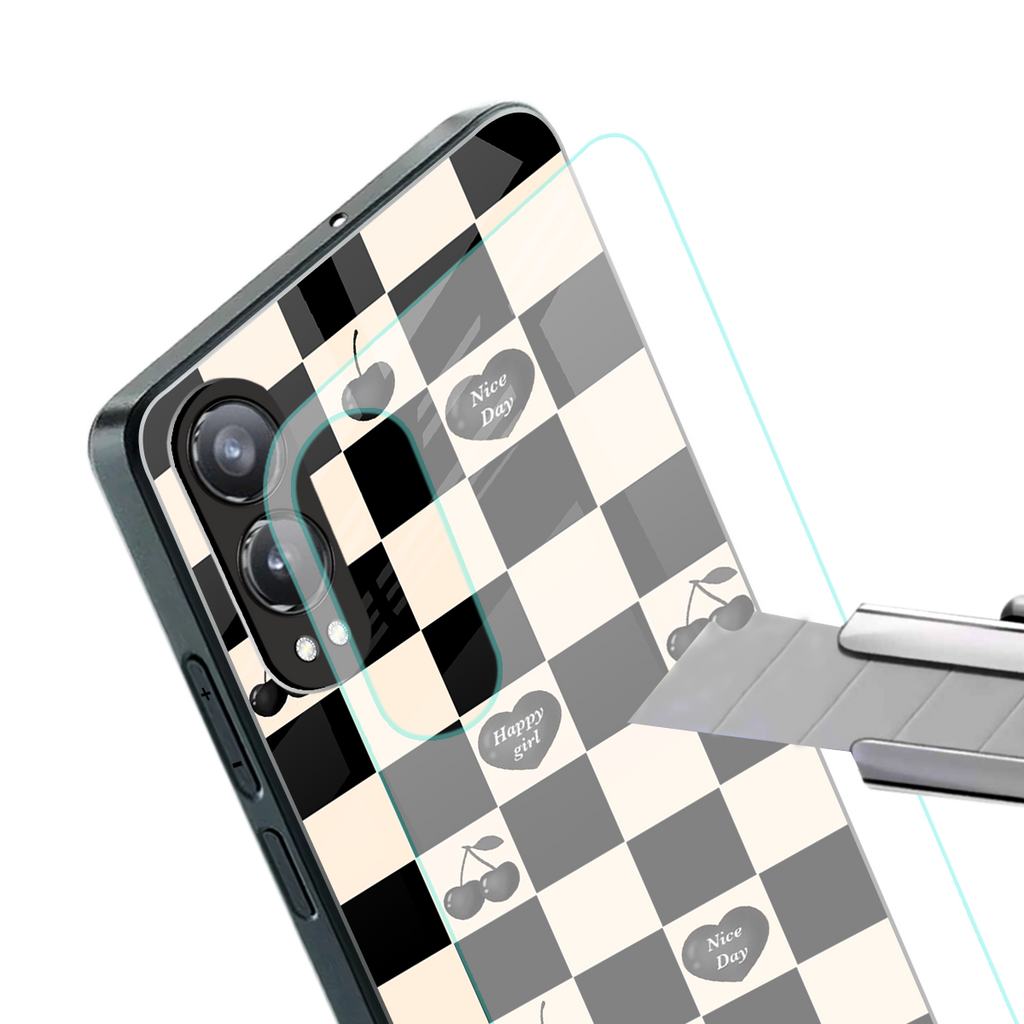 black cherries check pattern back phone cover | glass case for oneplus nord ce 4 lite