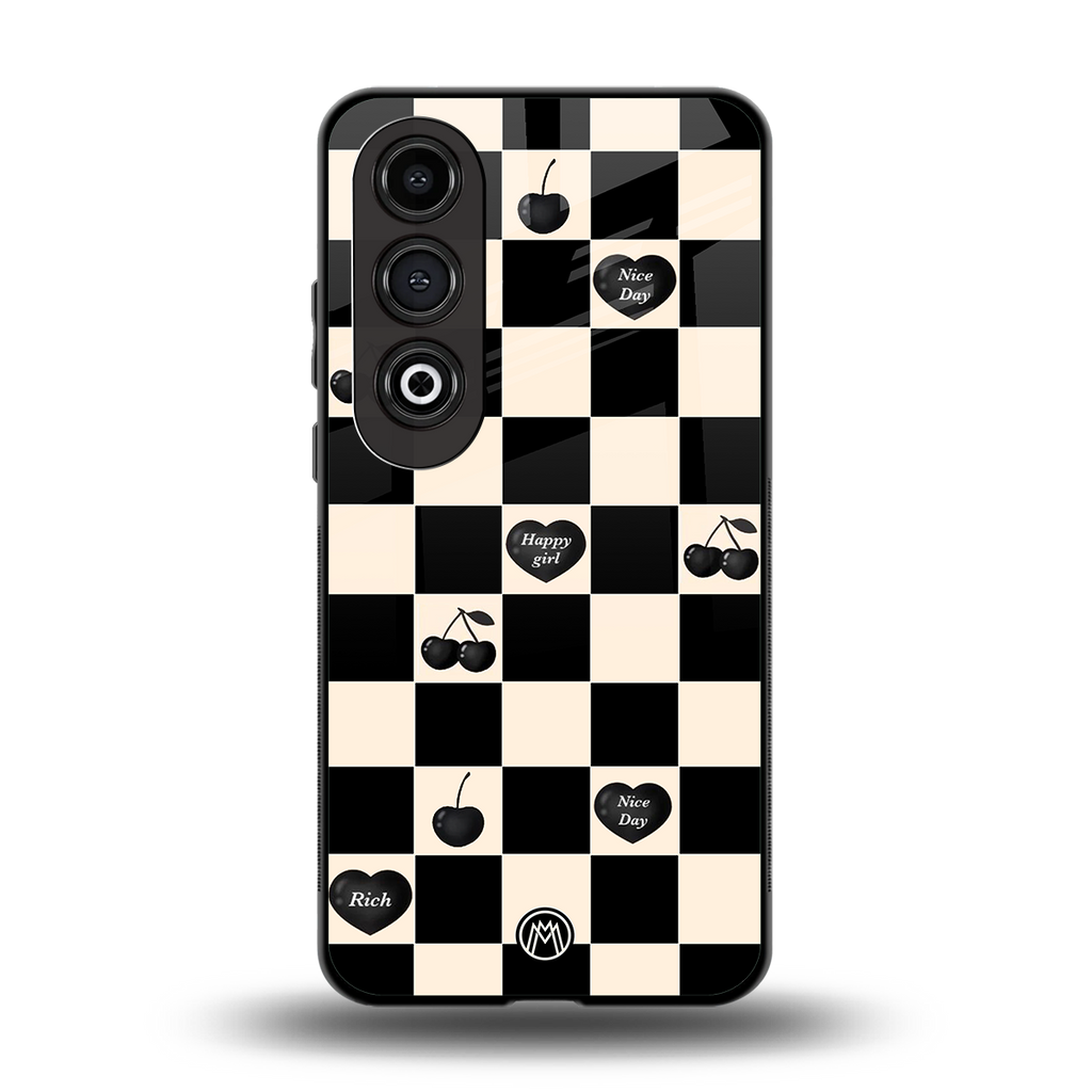 black cherries check pattern back phone cover | glass case for oneplus nord ce 4