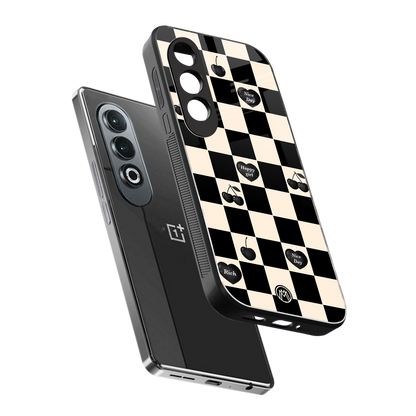 black cherries check pattern back phone cover | glass case for oneplus nord ce 4