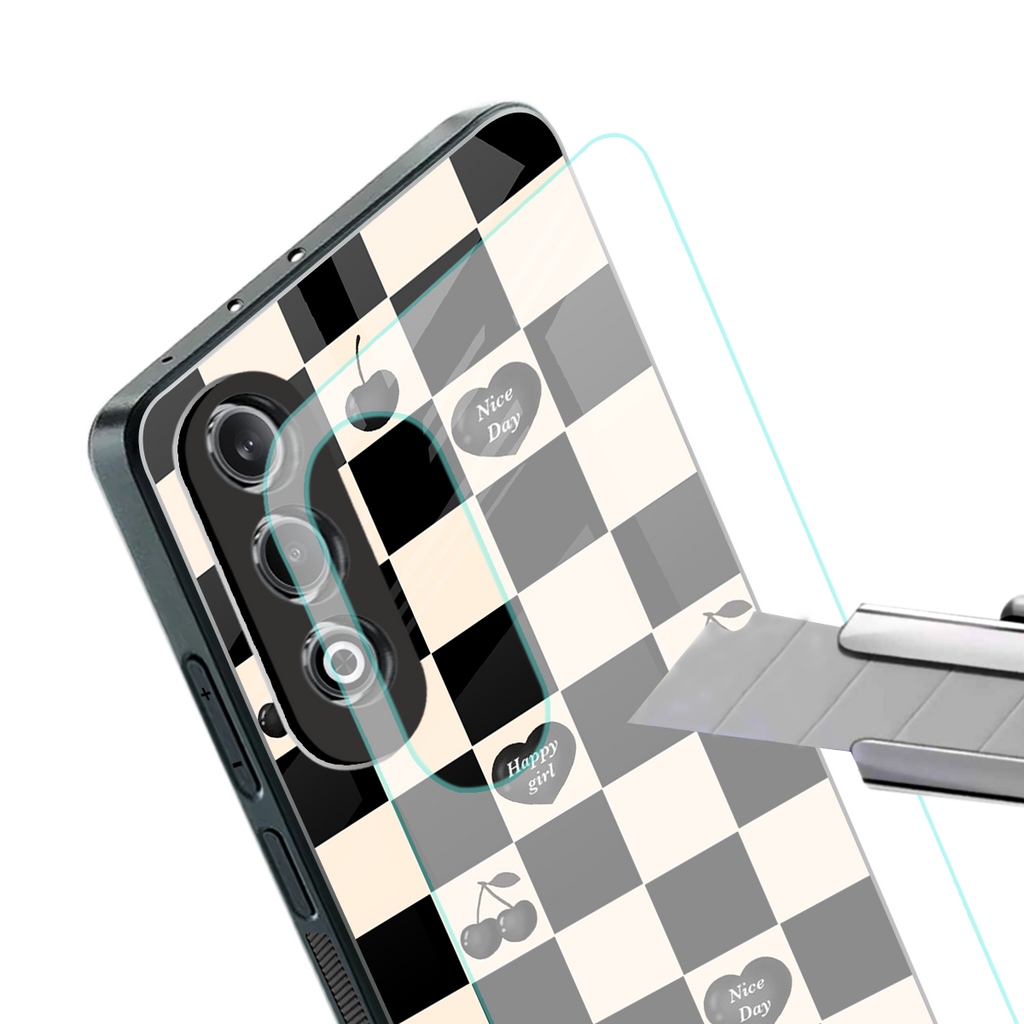 black cherries check pattern back phone cover | glass case for oneplus nord ce 4